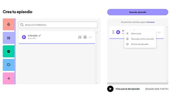 Edición del episodio de podcast en Podcaster