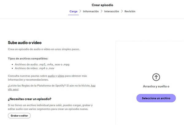 Sube el episodio del podcast o graba desde Podcaster