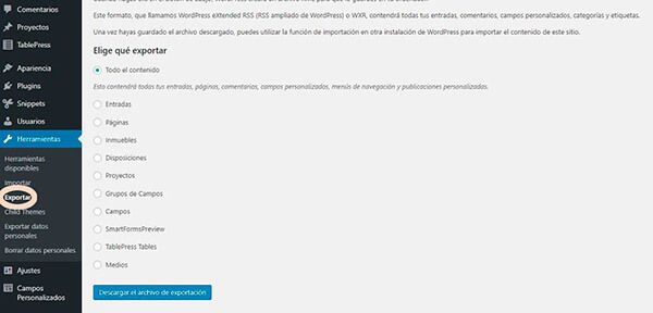 Paso 1 exportar en WP