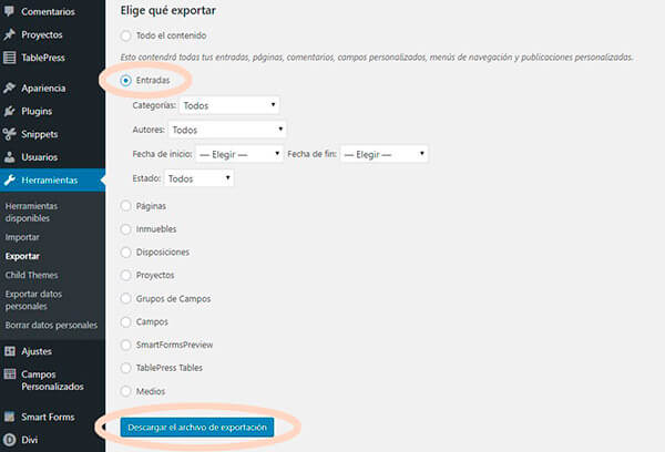 2 paso para exportar en WP